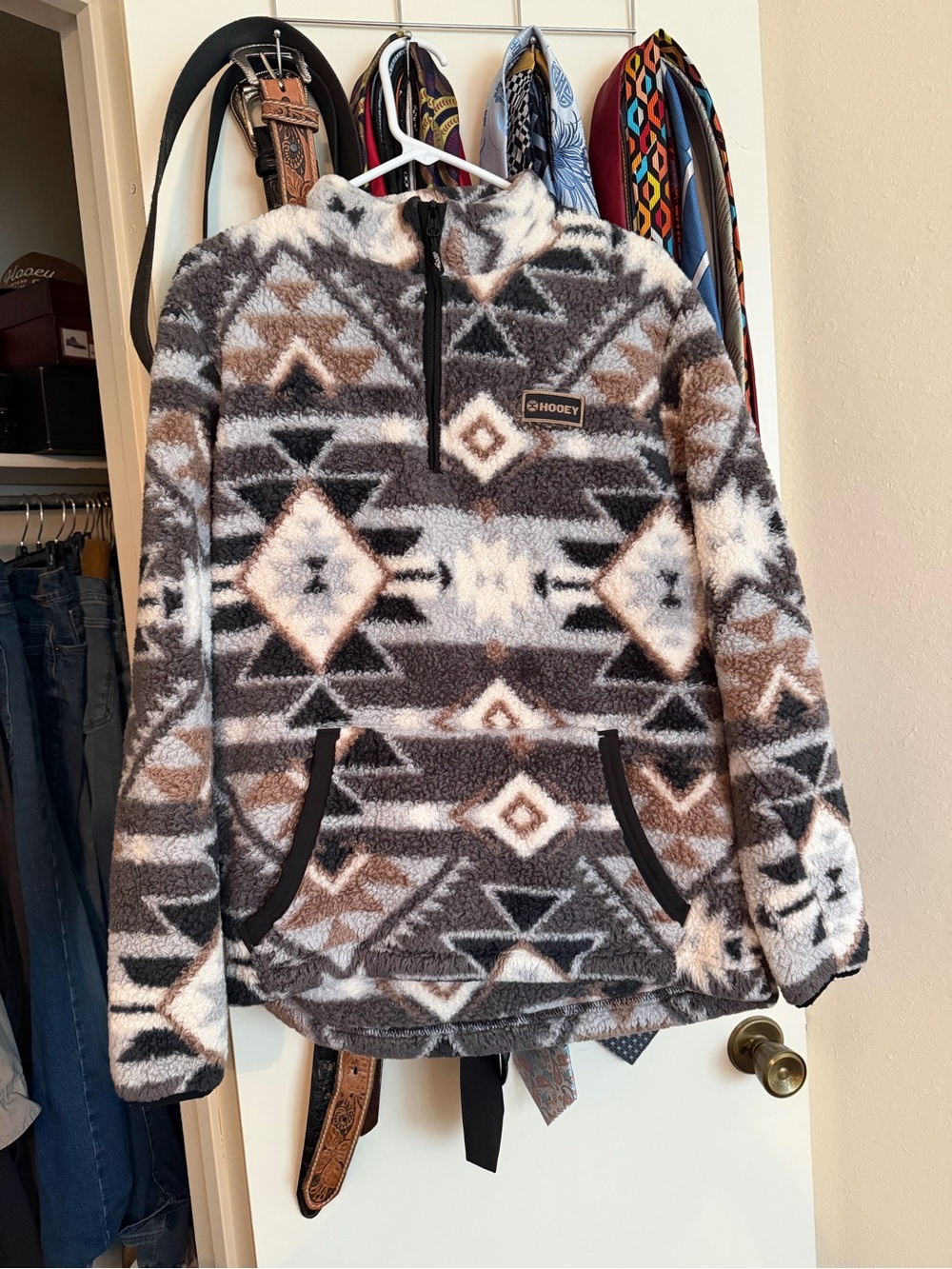 Hooey Men's Zip-Up Sherpa Pullover - Gray, Brown, White Aztec